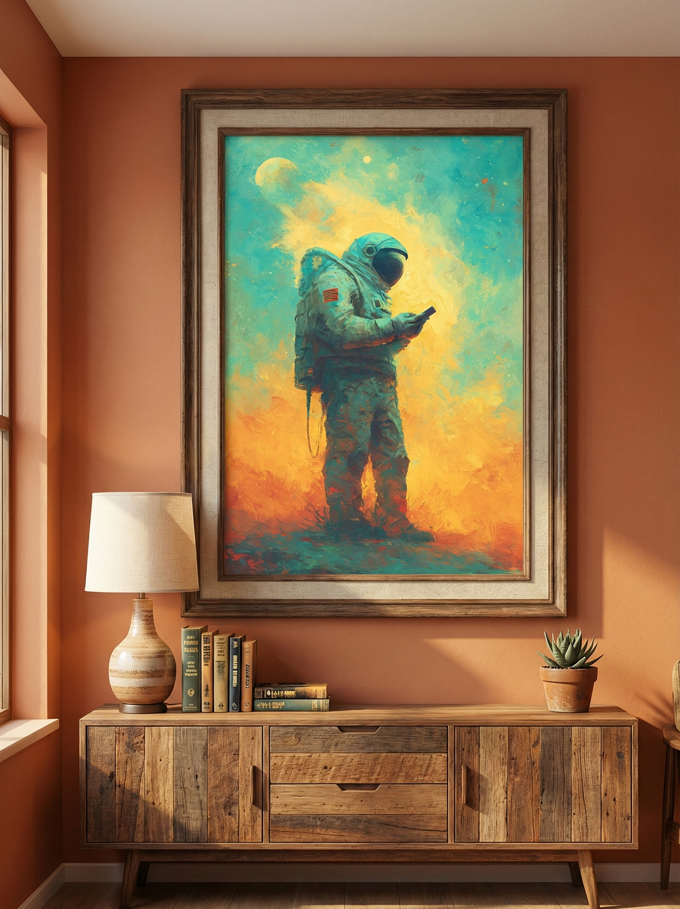 Colorful painterly art print of an astronaut standing on an alien planet looking at a smartphone, rendered in teal, yellow, and orange impasto strokes by Artazyn.