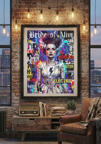 Vibrant street art collage print of the Bride of Frankenstein with "Bride of Alive" and "Electric" text, featuring graffiti elements and bright colors, created by Artazyn.