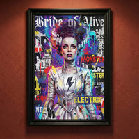 Vibrant street art collage print of the Bride of Frankenstein with "Bride of Alive" and "Electric" text, featuring graffiti elements and bright colors, created by Artazyn.