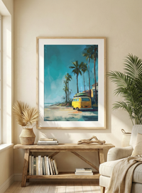 Painterly illustration of a sun-drenched California beach scene featuring tall palm trees, vintage VW-style buses in yellow and blue, and surfers walking toward a warm sunset.