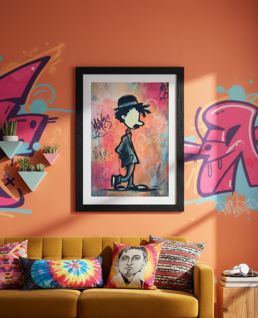 Modern street art illustration of Charlie Chaplin walking in profile against a colorful graffiti wall featuring pink, blue, and orange spray paint tags.