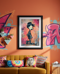 Modern street art illustration of Charlie Chaplin walking in profile against a colorful graffiti wall featuring pink, blue, and orange spray paint tags.