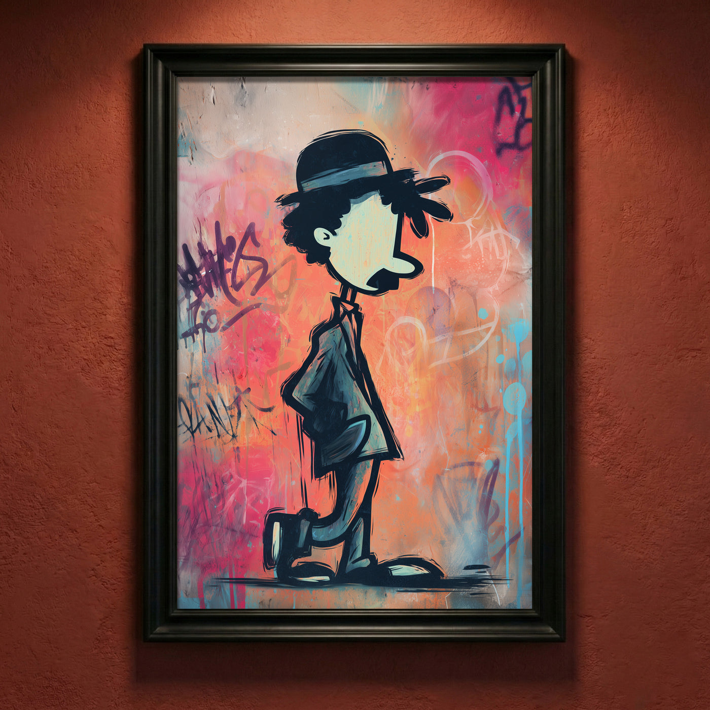 Modern street art illustration of Charlie Chaplin walking in profile against a colorful graffiti wall featuring pink, blue, and orange spray paint tags.