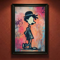 Modern street art illustration of Charlie Chaplin walking in profile against a colorful graffiti wall featuring pink, blue, and orange spray paint tags.