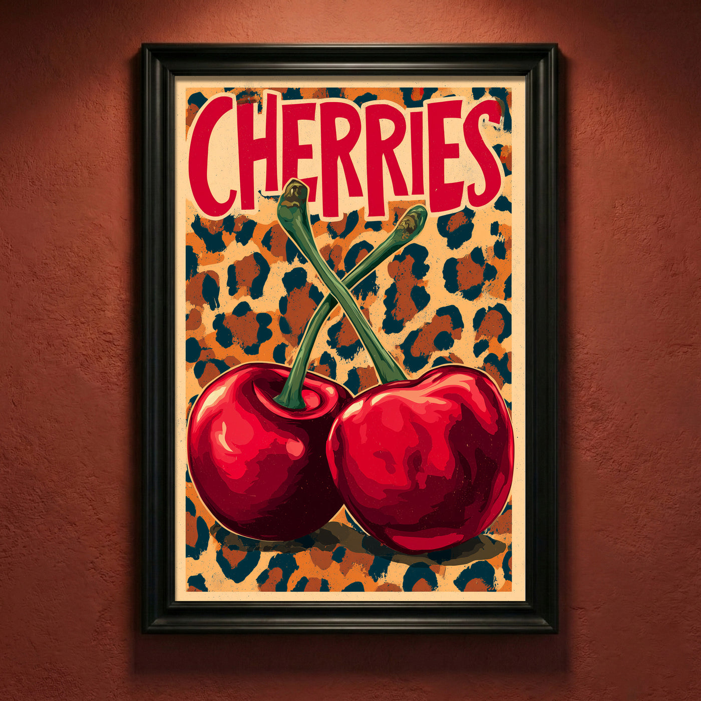 Retro pop art print featuring two large red cherries with green stems crossing against a leopard print background, with the word "CHERRIES" in bold red text.