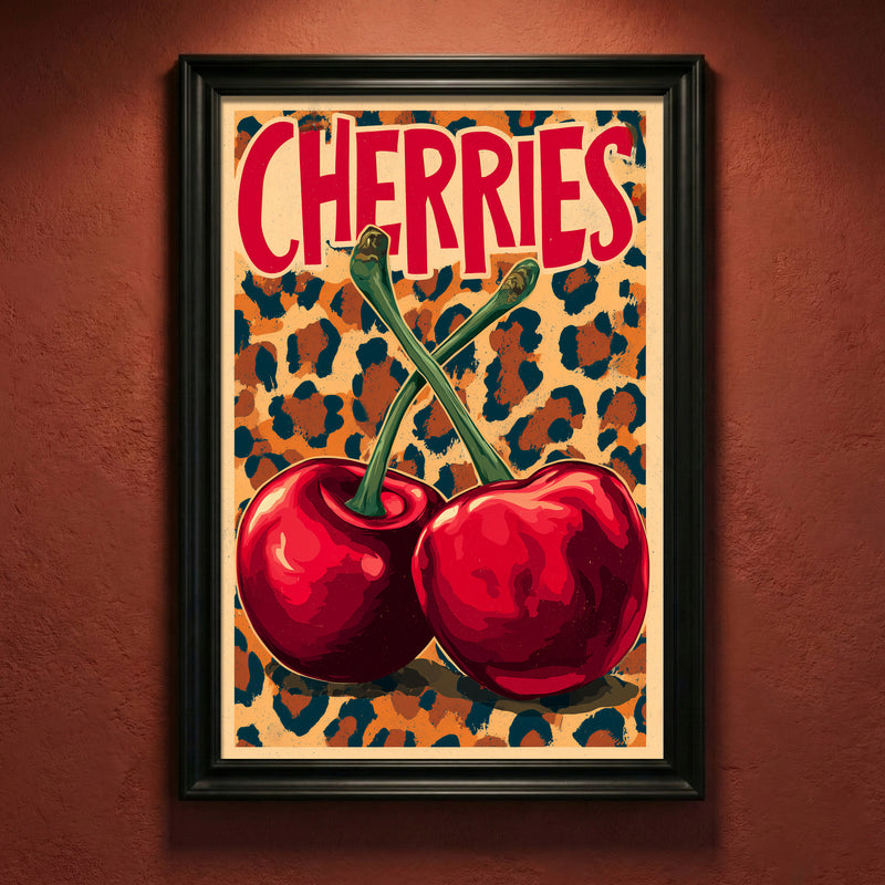 Retro pop art print featuring two large red cherries with green stems crossing against a leopard print background, with the word "CHERRIES" in bold red text.