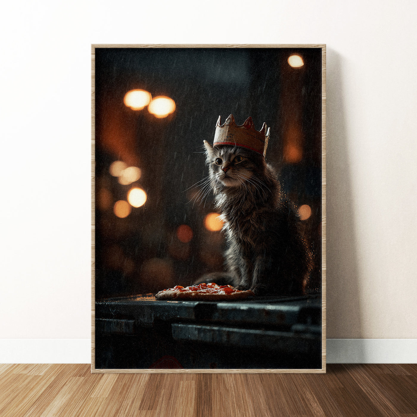 Painting of a scruffy grey cat wearing a cardboard crown sitting in the rain with a slice of pepperoni pizza.