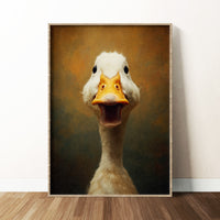 Close-up painting of a white duck with an open orange beak looking directly at the viewer, funny animal portrait.