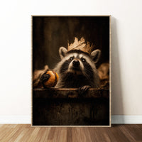 Realistic painting of a raccoon wearing a cardboard crown holding a cheeseburger, funny animal wall art in sepia tones.