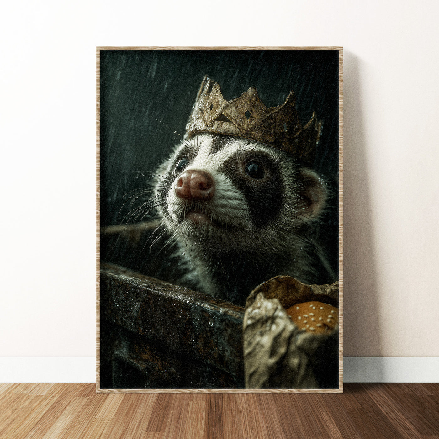 Close-up painting of a wet skunk wearing a cardboard crown emerging from a dumpster in the rain, moody funny animal art.
