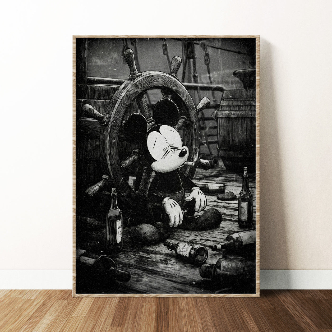 Framed artwork of a character sitting on a ship's wheel with bottles around, in a room setting.