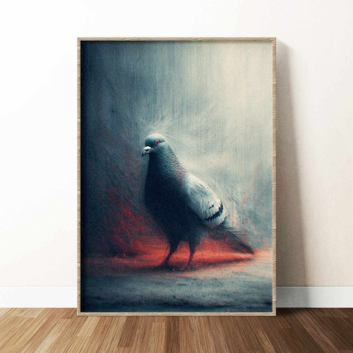 Grainy flash-photography style portrait of a pigeon with blue and red lighting, gritty urban wall art.