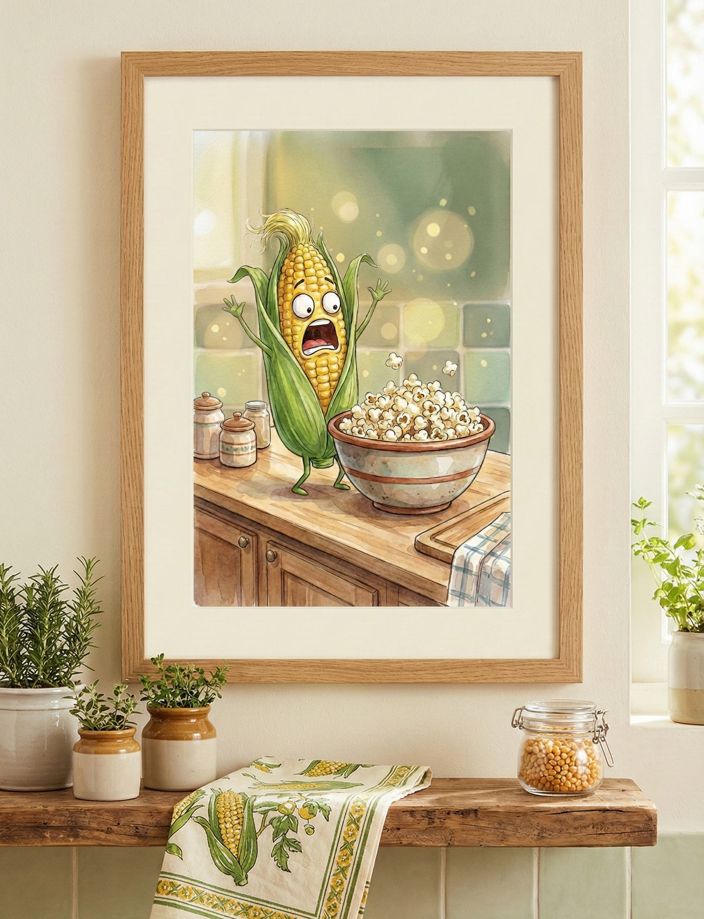Cartoon illustration of a scared ear of corn screaming at a bowl of popcorn, funny kitchen wall art.