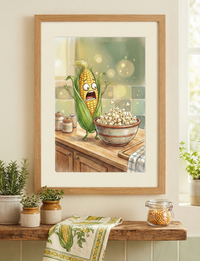 Cartoon illustration of a scared ear of corn screaming at a bowl of popcorn, funny kitchen wall art.
