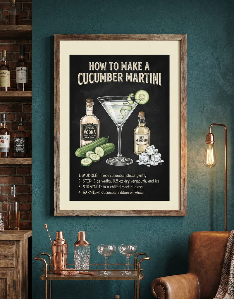 Chalkboard-style infographic illustration titled "How to Make a Cucumber Martini" featuring drawings of vodka, vermouth, and cucumbers with step-by-step mixing instructions.