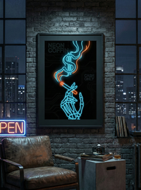 Cyberpunk neon art print of a skeleton hand holding a cigarette with smoke forming a dollar sign, featuring text "Neon Coffin" and "Cash Only" in blue and orange, created by Artazyn.
