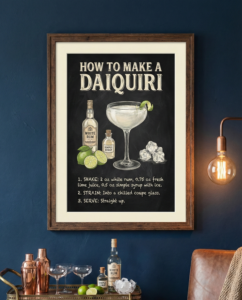 Chalkboard-style infographic illustration titled "How to Make a Daiquiri" featuring drawings of white rum, simple syrup, and fresh limes with step-by-step mixing instructions.