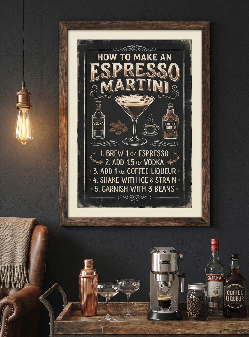 Vintage chalkboard-style infographic illustration titled "How to Make an Espresso Martini" featuring drawings of vodka, coffee liqueur, and espresso with step-by-step mixing instructions and coffee bean garnish.