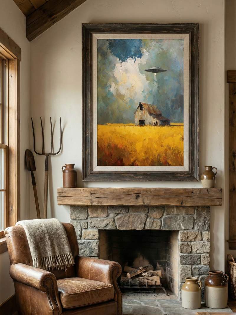 Oil painting style artwork of a rustic white barn in a golden field with a large grey UFO hovering above it beaming down a light.