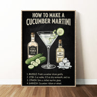 Chalkboard-style infographic illustration titled "How to Make a Cucumber Martini" featuring drawings of vodka, vermouth, and cucumbers with step-by-step mixing instructions.