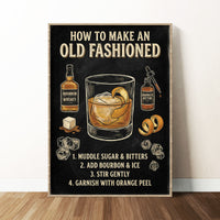 Vintage chalkboard-style infographic illustration titled "How to Make an Old Fashioned" featuring drawings of bourbon whiskey, aromatic bitters, sugar cubes, and a glass with a large ice cube and orange peel garnish.