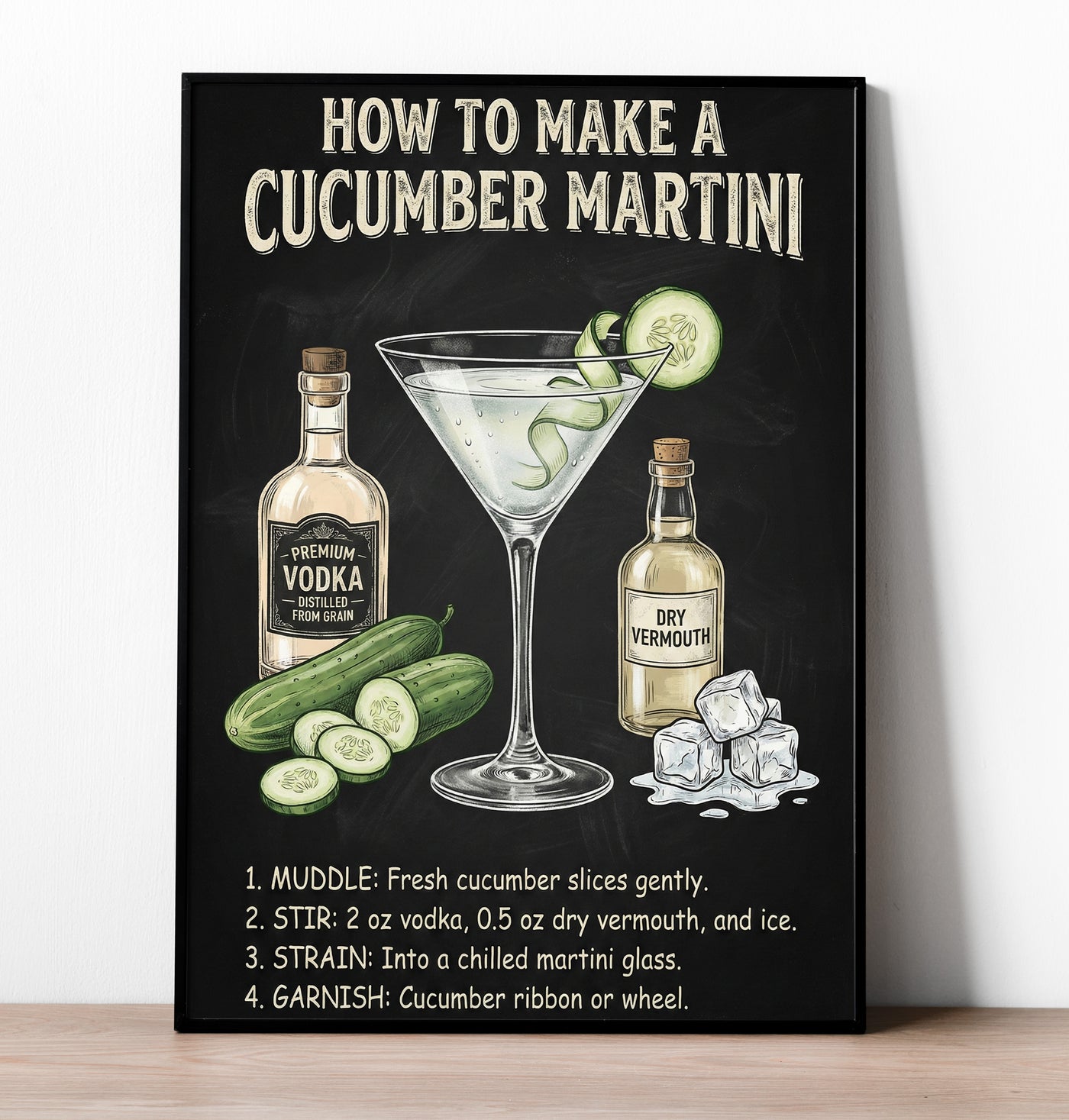Chalkboard-style infographic illustration titled "How to Make a Cucumber Martini" featuring drawings of vodka, vermouth, and cucumbers with step-by-step mixing instructions.