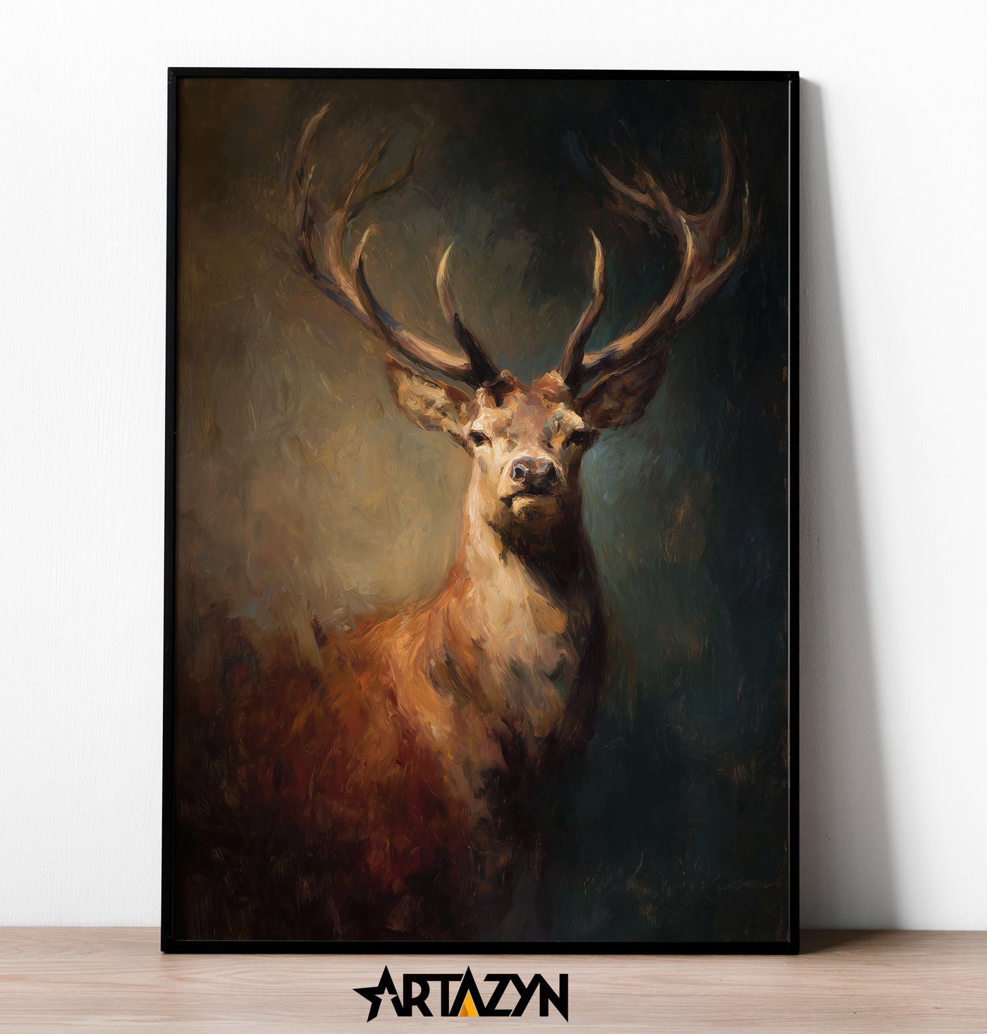 Moody oil painting style art print of a majestic stag with large antlers emerging from dark forest shadows, created by Artazyn.