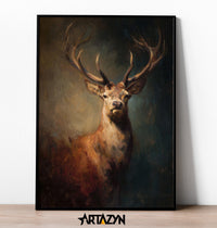 Moody oil painting style art print of a majestic stag with large antlers emerging from dark forest shadows, created by Artazyn.