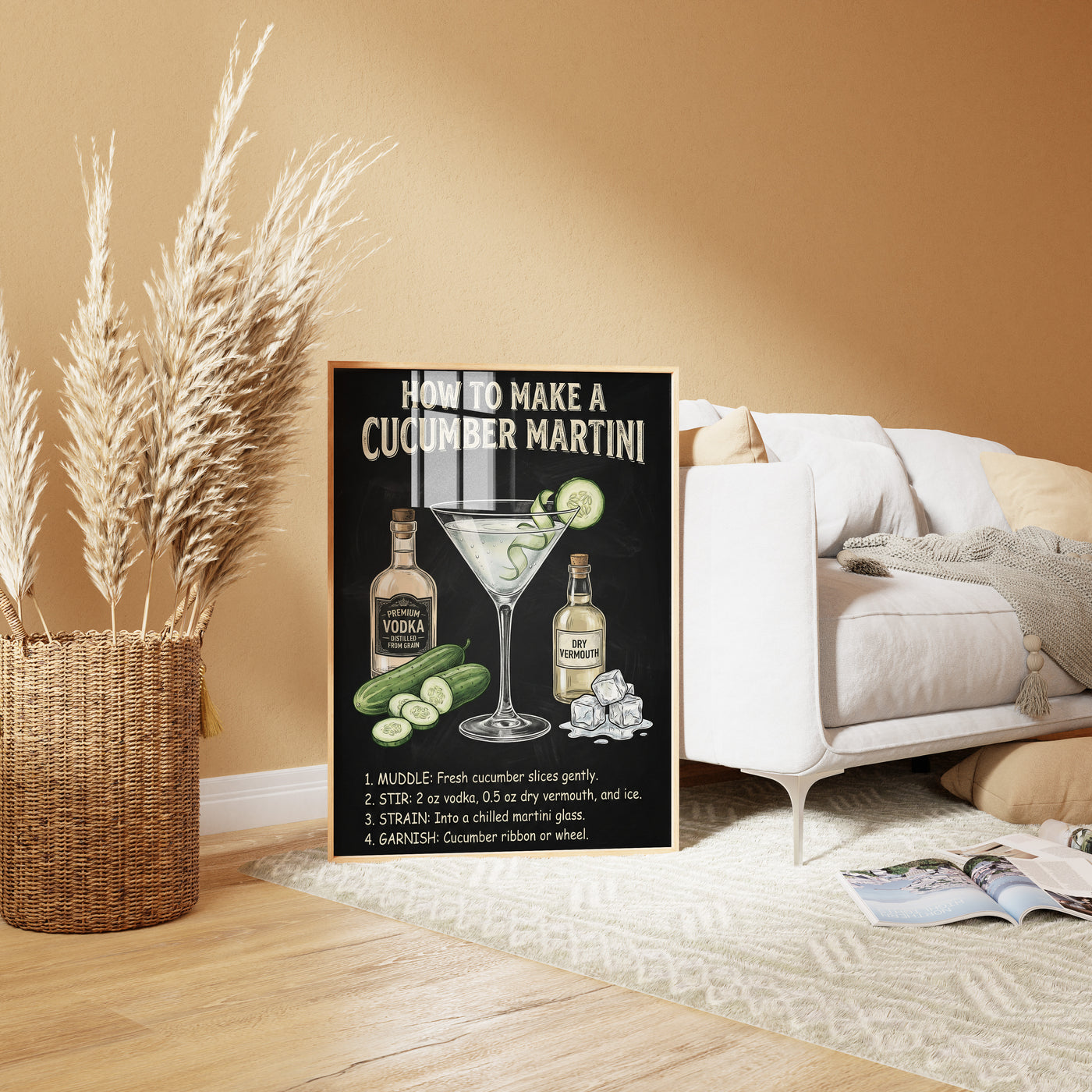 Chalkboard-style infographic illustration titled "How to Make a Cucumber Martini" featuring drawings of vodka, vermouth, and cucumbers with step-by-step mixing instructions.