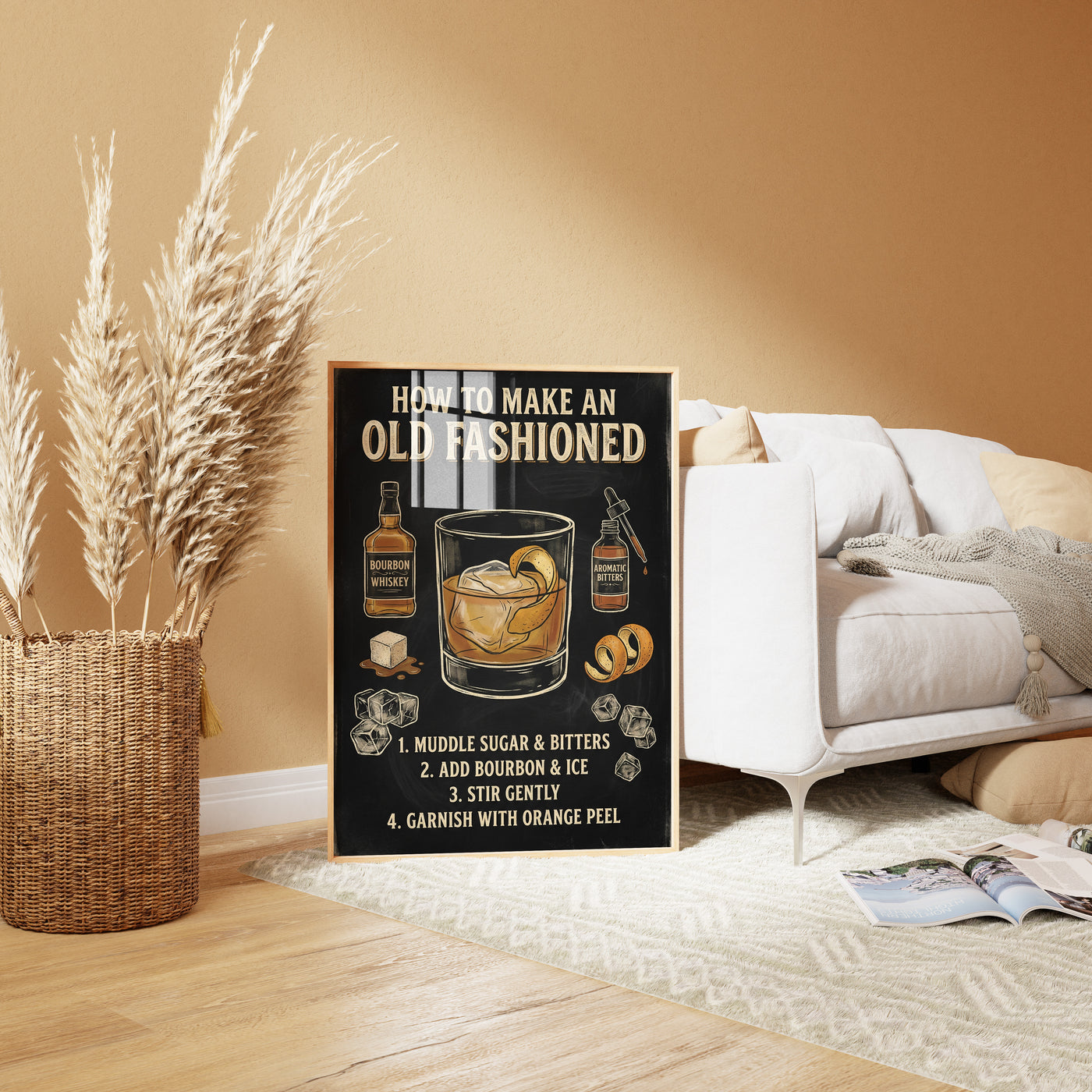 Vintage chalkboard-style infographic illustration titled "How to Make an Old Fashioned" featuring drawings of bourbon whiskey, aromatic bitters, sugar cubes, and a glass with a large ice cube and orange peel garnish.