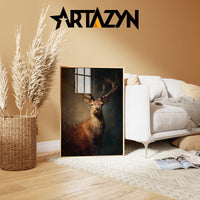 Moody oil painting style art print of a majestic stag with large antlers emerging from dark forest shadows, created by Artazyn.