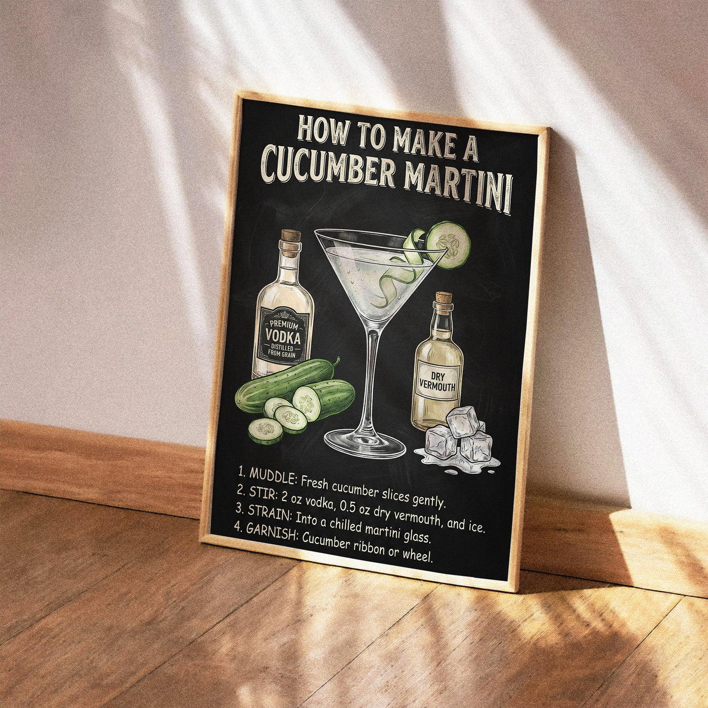 Chalkboard-style infographic illustration titled "How to Make a Cucumber Martini" featuring drawings of vodka, vermouth, and cucumbers with step-by-step mixing instructions.