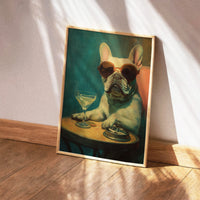 Oil painting style art print of a white French Bulldog wearing round sunglasses sitting at a table with a martini glass and an ashtray, created by Artazyn.
