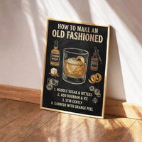Vintage chalkboard-style infographic illustration titled "How to Make an Old Fashioned" featuring drawings of bourbon whiskey, aromatic bitters, sugar cubes, and a glass with a large ice cube and orange peel garnish.