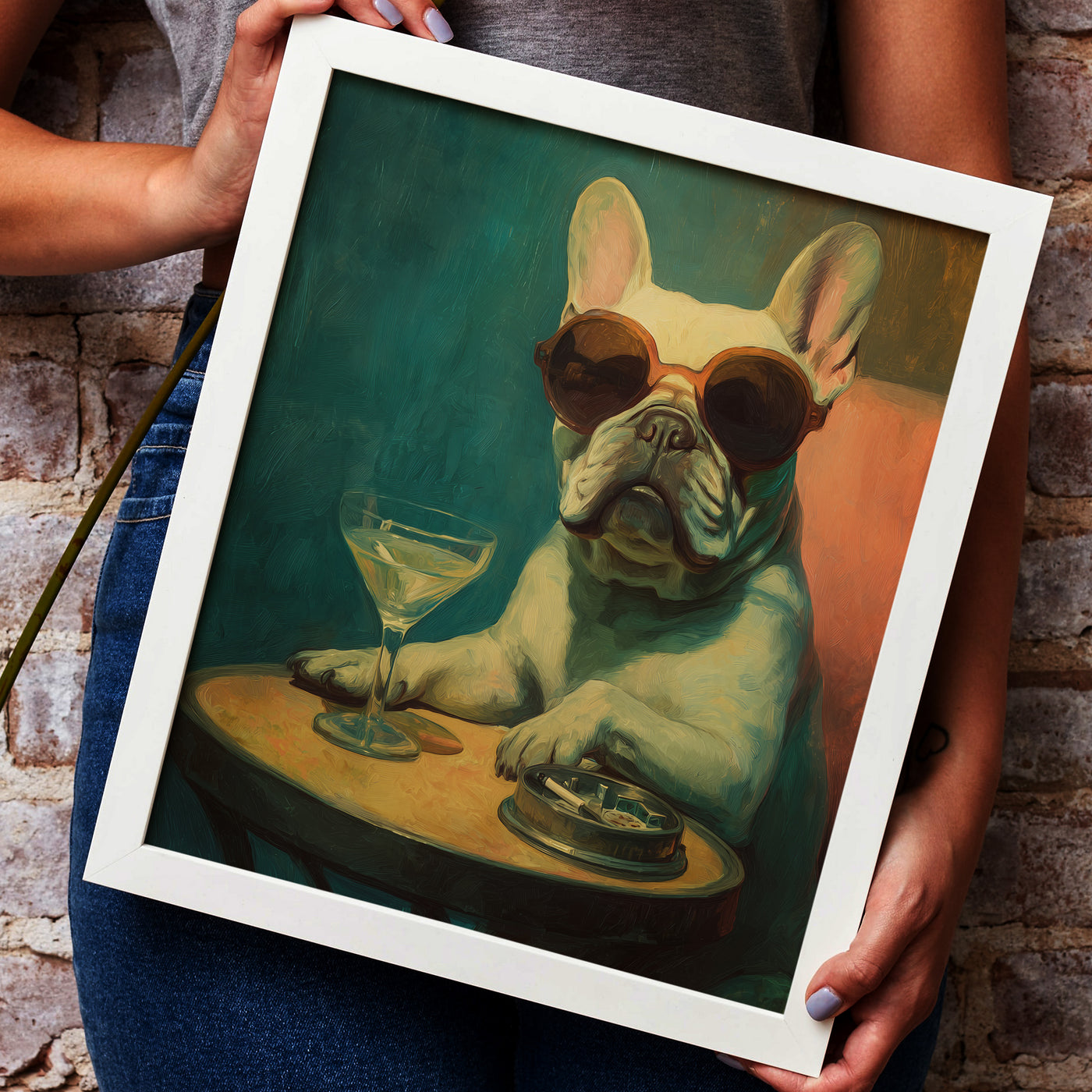 Oil painting style art print of a white French Bulldog wearing round sunglasses sitting at a table with a martini glass and an ashtray, created by Artazyn.
