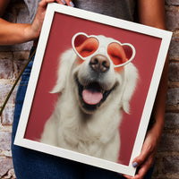 Photography-style portrait of a happy white Golden Retriever smiling with its mouth open, wearing red heart-shaped sunglasses against a solid red background.