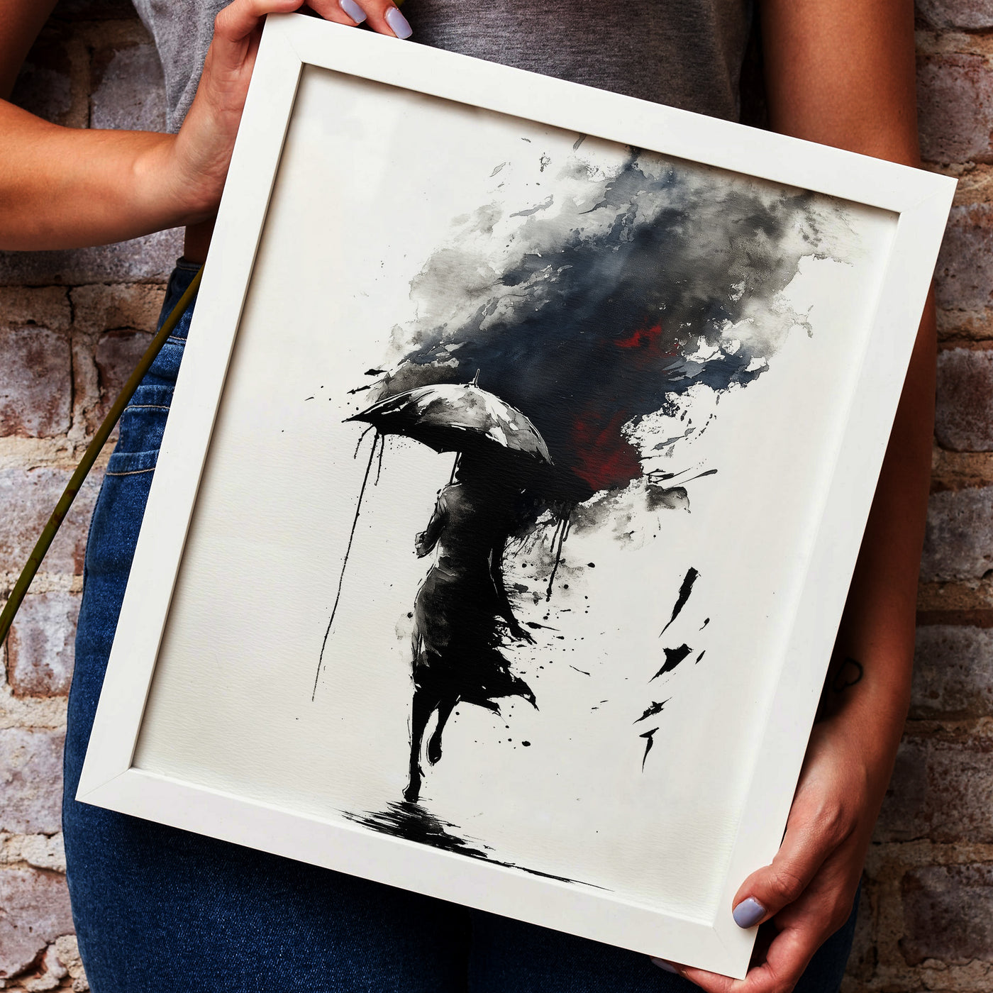 Abstract ink wash art print of a silhouetted woman walking with an umbrella amidst black ink splatters and a dark red storm cloud, created by Artazyn.