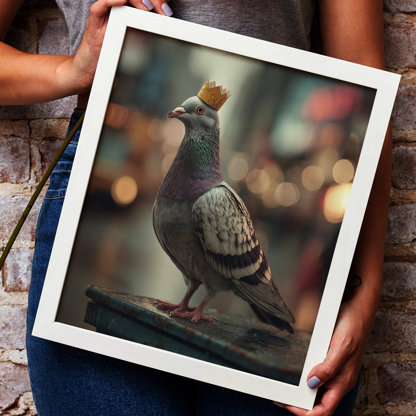 Realistic art print of a pigeon wearing a gold paper crown standing on a rusty metal bin with blurred city lights in the background, created by Artazyn.