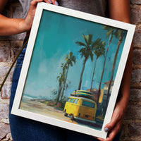 Painterly illustration of a sun-drenched California beach scene featuring tall palm trees, vintage VW-style buses in yellow and blue, and surfers walking toward a warm sunset.