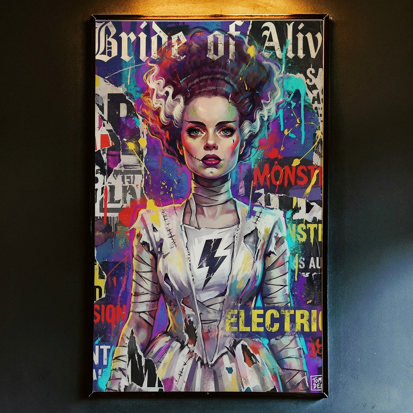 Vibrant street art collage print of the Bride of Frankenstein with "Bride of Alive" and "Electric" text, featuring graffiti elements and bright colors, created by Artazyn.