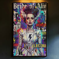 Vibrant street art collage print of the Bride of Frankenstein with "Bride of Alive" and "Electric" text, featuring graffiti elements and bright colors, created by Artazyn.