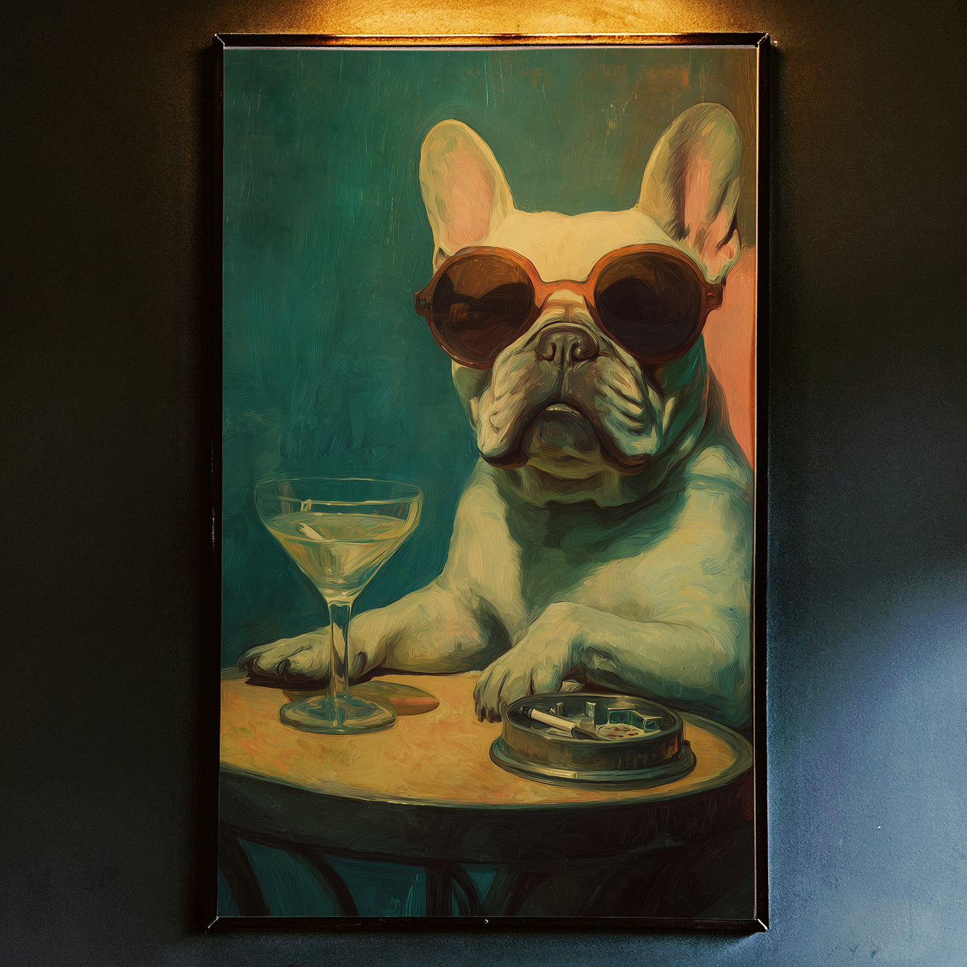 Oil painting style art print of a white French Bulldog wearing round sunglasses sitting at a table with a martini glass and an ashtray, created by Artazyn.