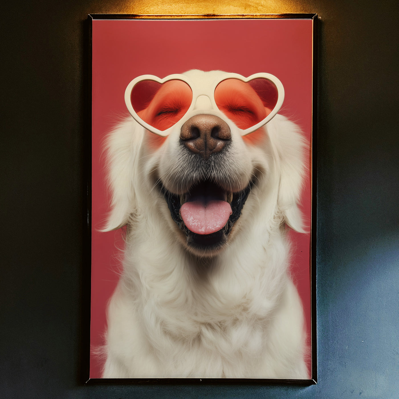Photography-style portrait of a happy white Golden Retriever smiling with its mouth open, wearing red heart-shaped sunglasses against a solid red background.