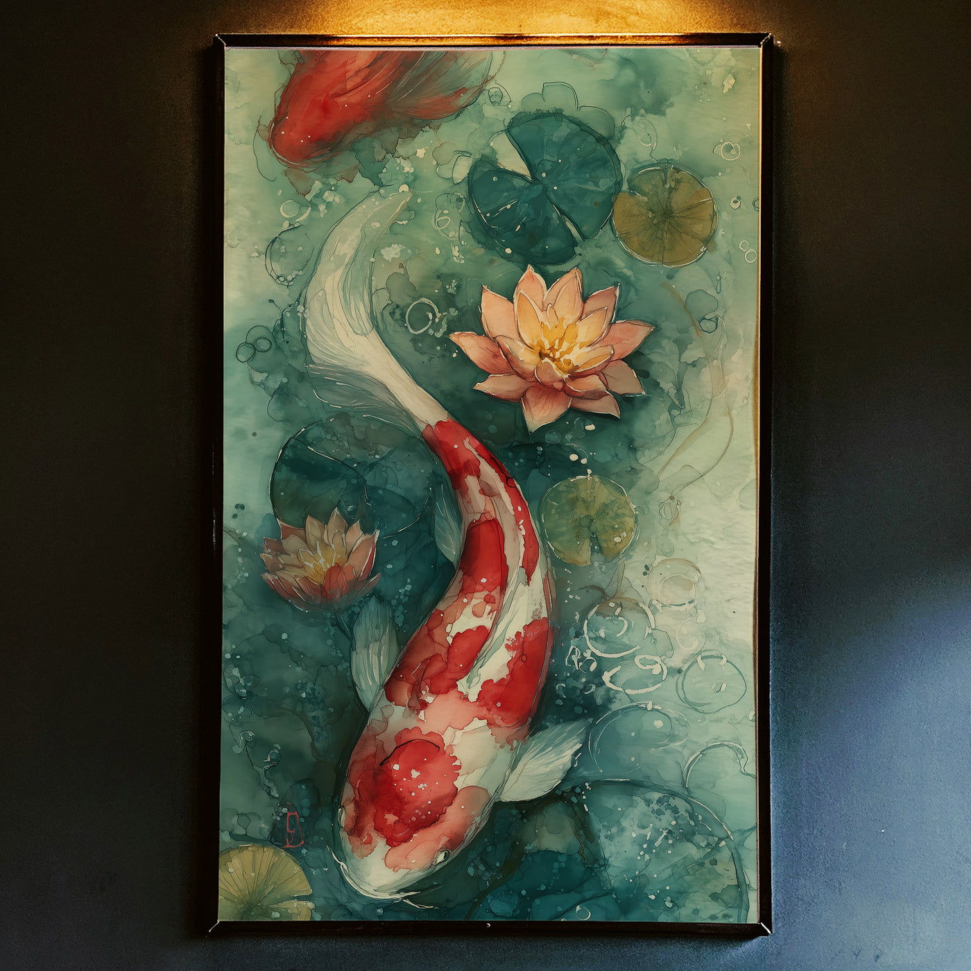High-contrast watercolor art print of a red and white koi fish swimming in a teal pond with pink water lilies, created by Artazyn in Enfield, CT.