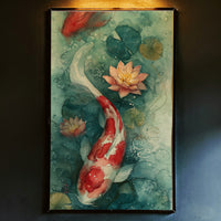 High-contrast watercolor art print of a red and white koi fish swimming in a teal pond with pink water lilies, created by Artazyn in Enfield, CT.