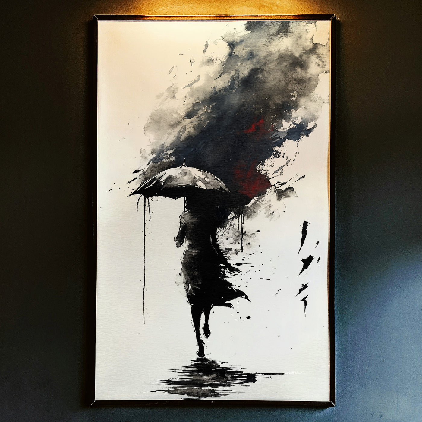 Abstract ink wash art print of a silhouetted woman walking with an umbrella amidst black ink splatters and a dark red storm cloud, created by Artazyn.