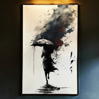 Abstract ink wash art print of a silhouetted woman walking with an umbrella amidst black ink splatters and a dark red storm cloud, created by Artazyn.