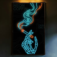 Cyberpunk neon art print of a skeleton hand holding a cigarette with smoke forming a dollar sign, featuring text "Neon Coffin" and "Cash Only" in blue and orange, created by Artazyn.