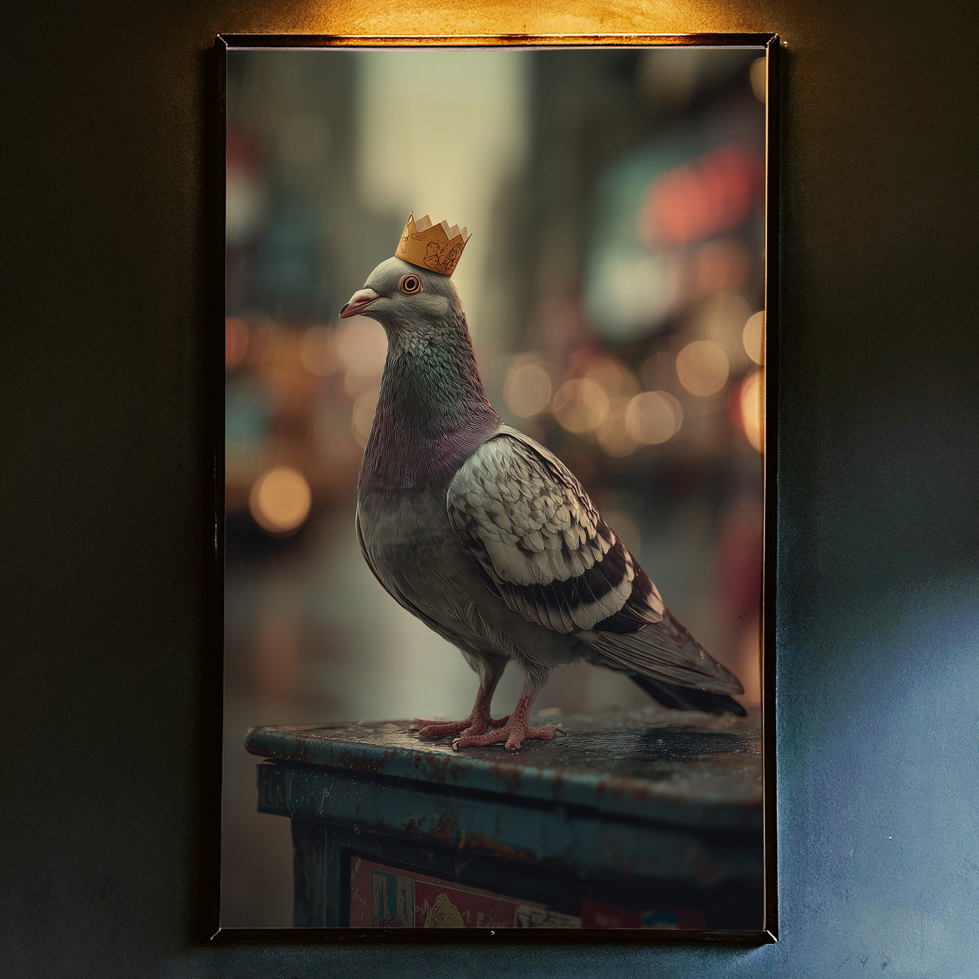 Realistic art print of a pigeon wearing a gold paper crown standing on a rusty metal bin with blurred city lights in the background, created by Artazyn.