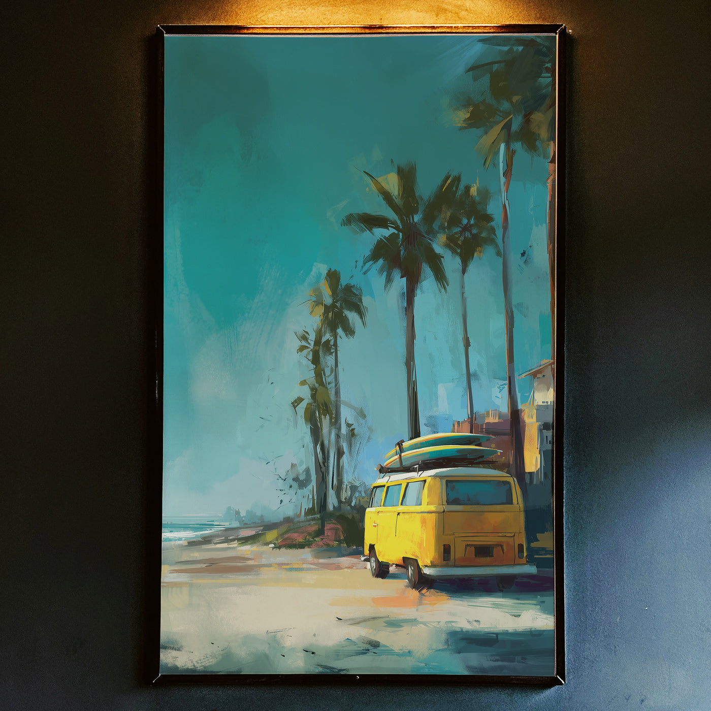 Painterly illustration of a sun-drenched California beach scene featuring tall palm trees, vintage VW-style buses in yellow and blue, and surfers walking toward a warm sunset.